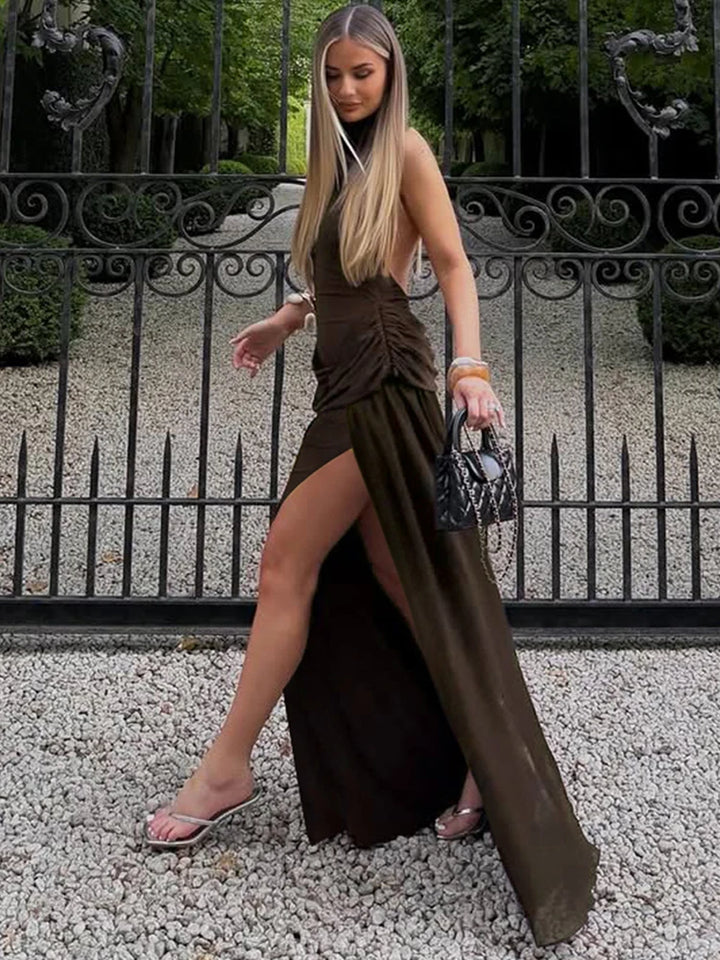 Maxi Dress with Collar, Open Back, Pleats, and Slit - Bianca