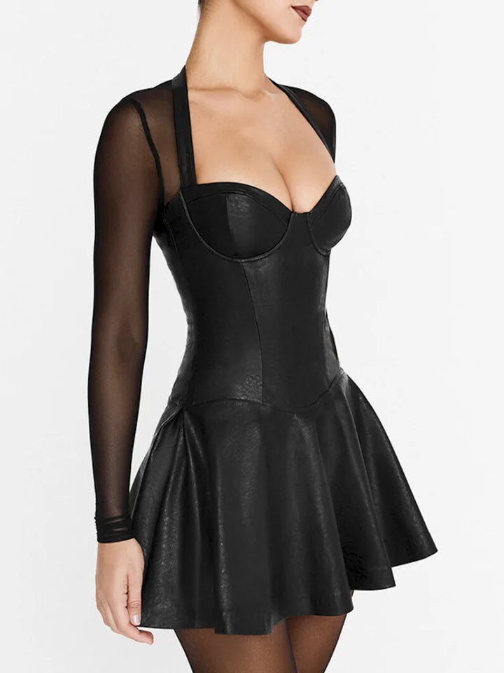 A-line faux leather mini dress with mesh sleeves - Ofek