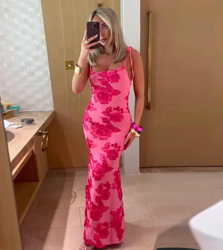 Maxi dress with tie straps decorated with floral embroidery - Michal