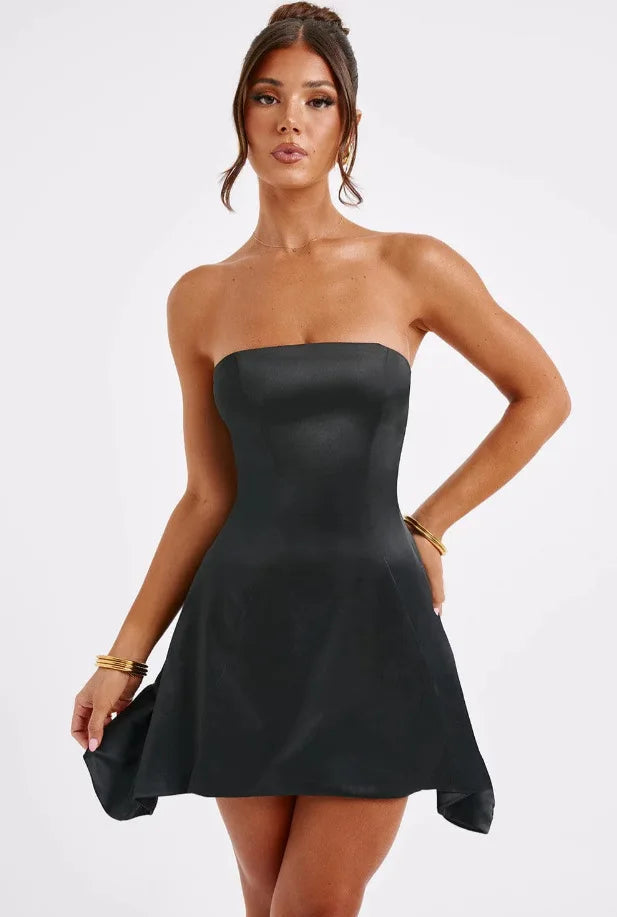 Strapless Satin Mini Dress with A-Line and Asymmetric Bow Detail - Roselyn