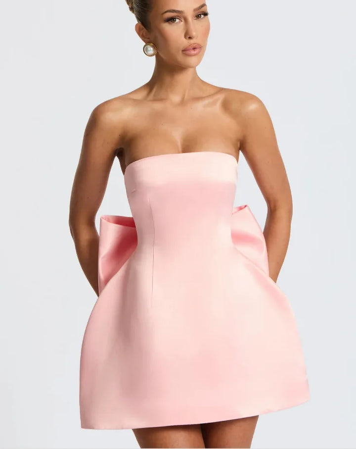 Satin mini dress in A-line cut with tie bow back detail for waist fit - Lilia