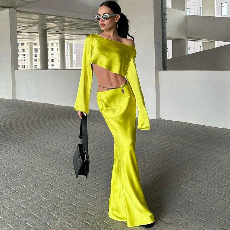 Two-piece satin set with blouse and maxi skirt - Daniela