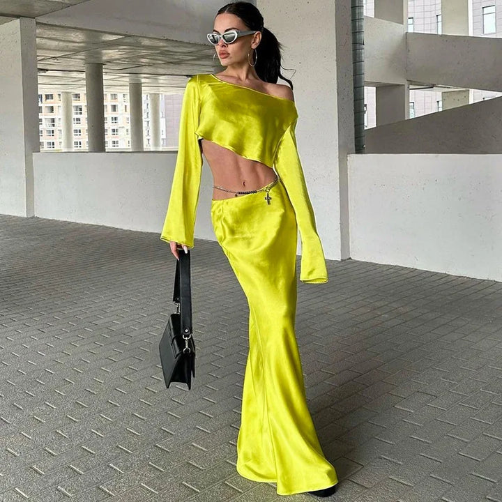 Two-piece satin set with blouse and maxi skirt - Daniela