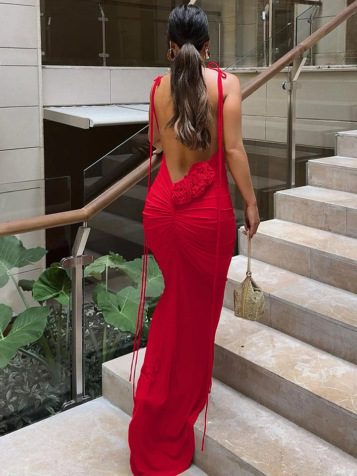 Fitted Maxi Dress with Floral Applique Detail and Open Back - Mariana
