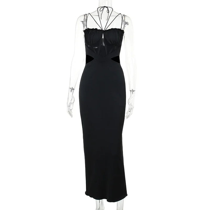 Maxi Evening Dress with Cutouts, Shirring, and Ties - Erica