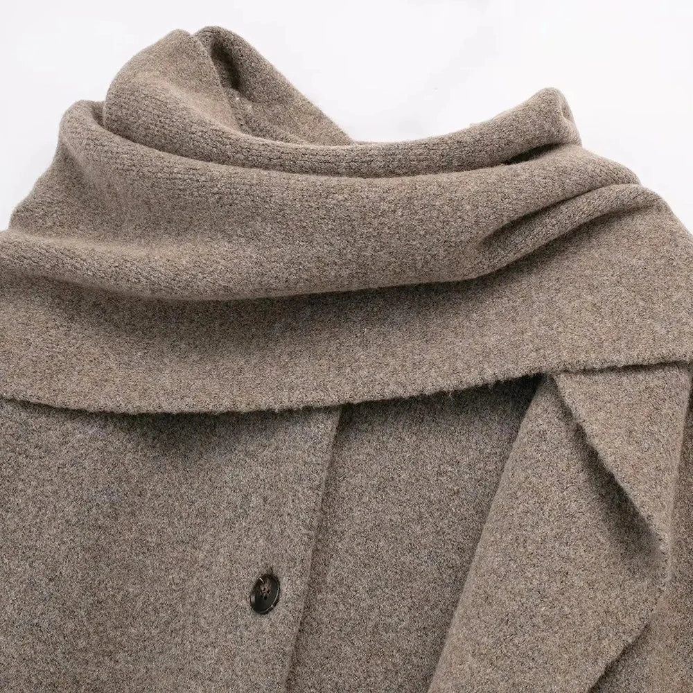 Wool Coat with Scarf Design, Button and Pocket Details - Lorenzo