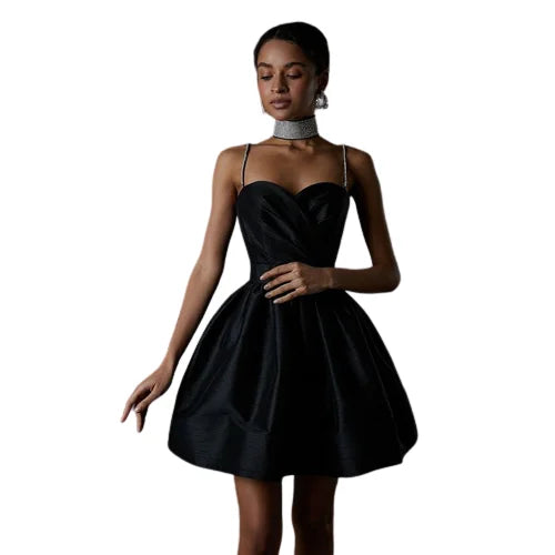 A-Line Satin Mini Dress with Sequin Straps - Miel