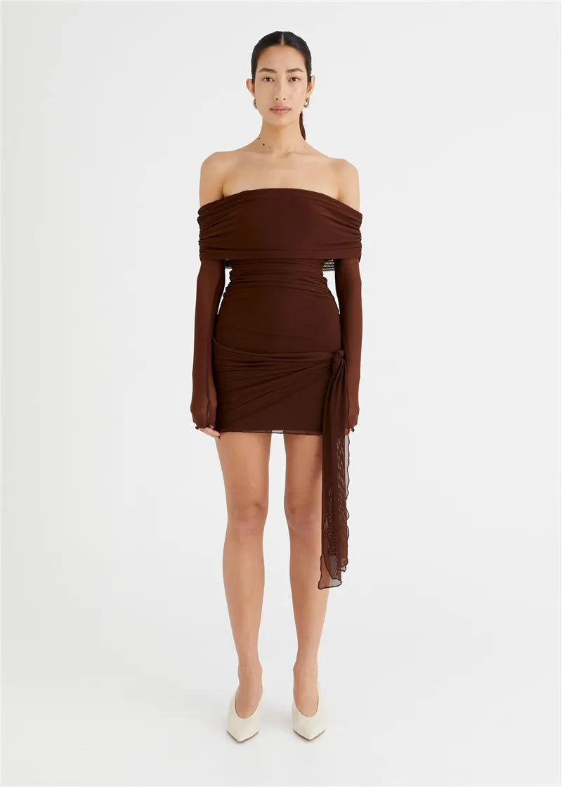 Chiffon mini dress with off-shoulder tie design - CAMI