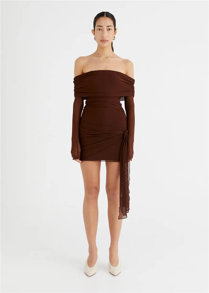 Chiffon mini dress with off-shoulder tie design - CAMI