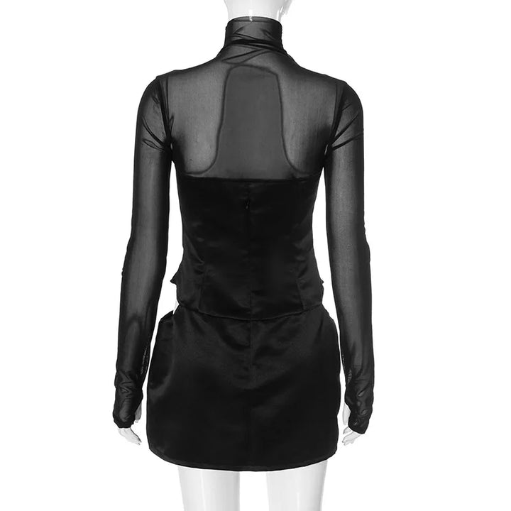 Turtleneck Satin Mini Dress with Mesh Corset and Cutouts - DIANA