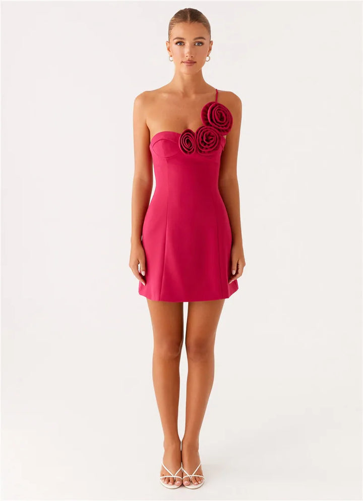 Mini Dress with Floral Applique and One Shoulder Strap - Annika