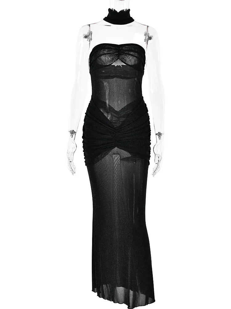 Strapless Maxi Dress with Glitter Mesh and Ruching Detail - Haisley