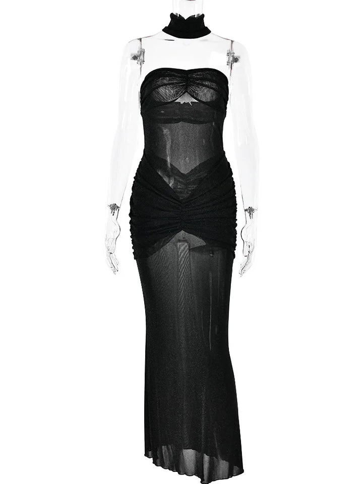 Strapless Maxi Dress with Glitter Mesh and Ruching Detail - Haisley