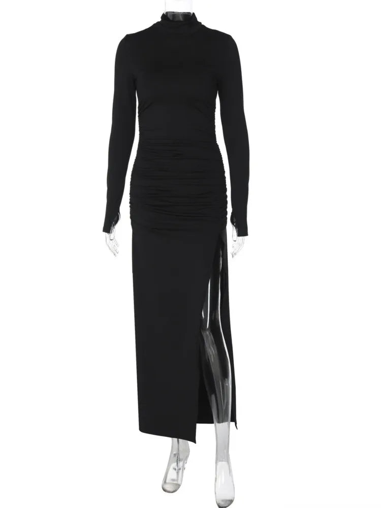 Maxi Dress with Ruching, Turtleneck, and Deep Slit - Sasha