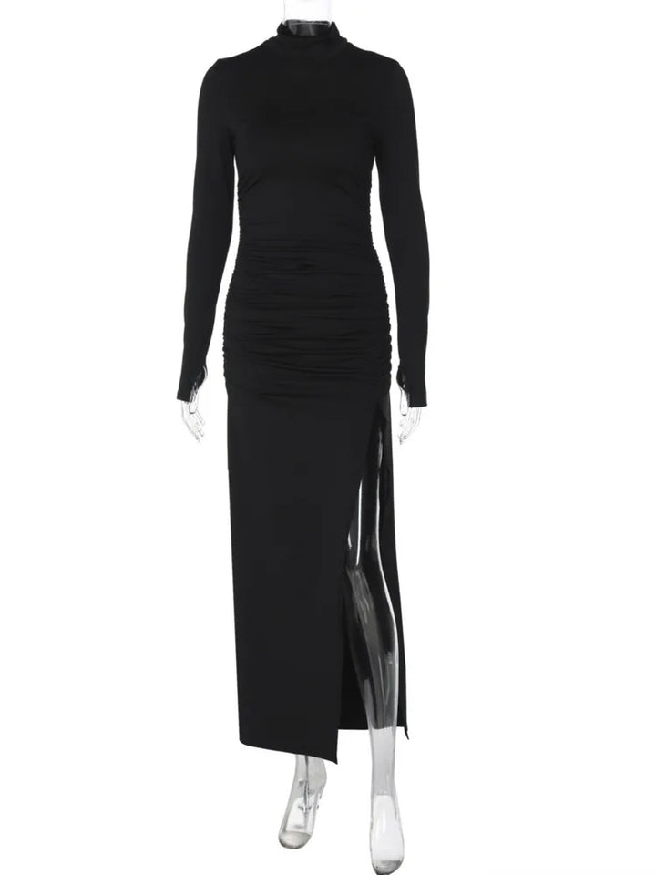 Maxi Dress with Ruching, Turtleneck, and Deep Slit - Sasha
