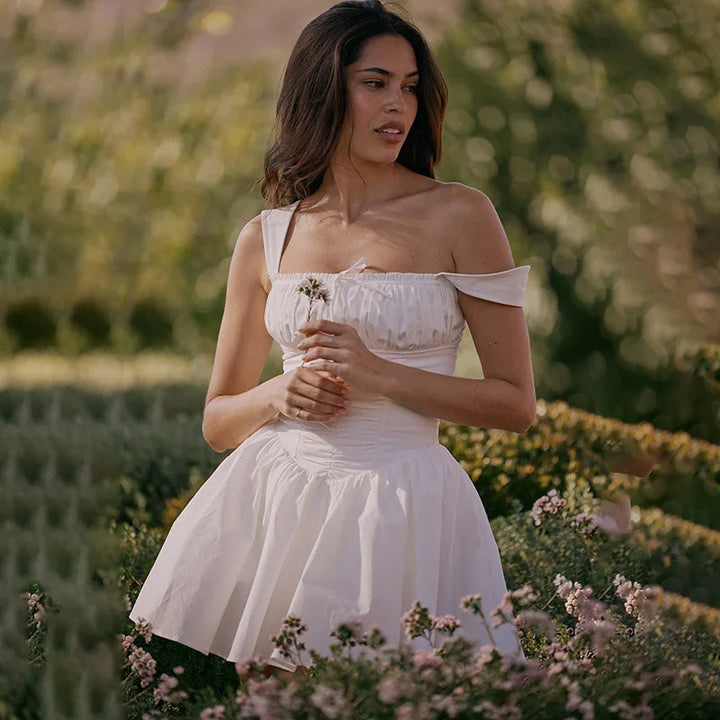 White mini dress in A-line cut with rustic design - AYLIN