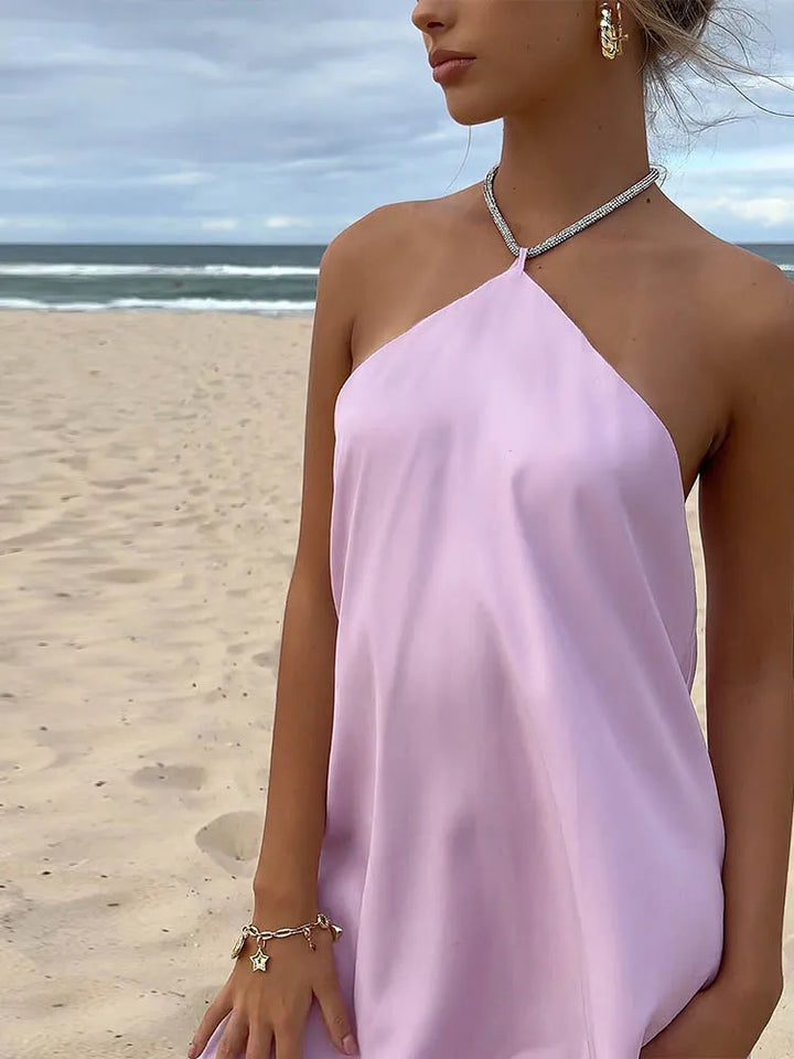 Satin mini dress with sparkling sequin threads tied at neck - Colin