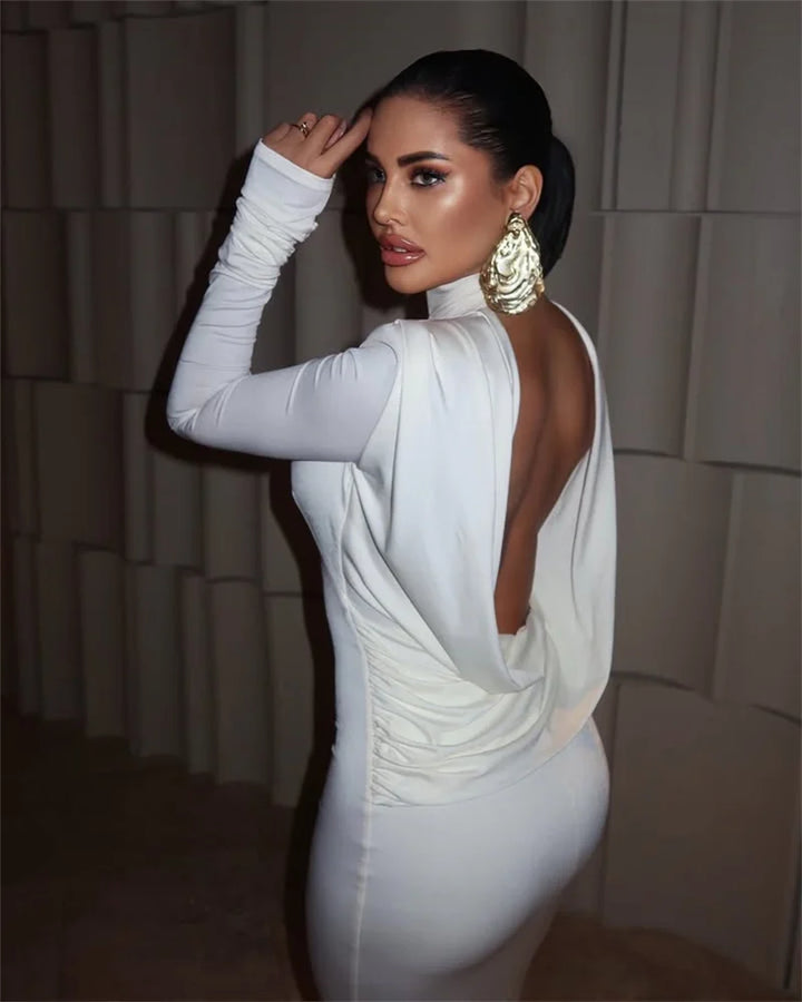 Elegant maxi dress with collar and open back - LARIAN