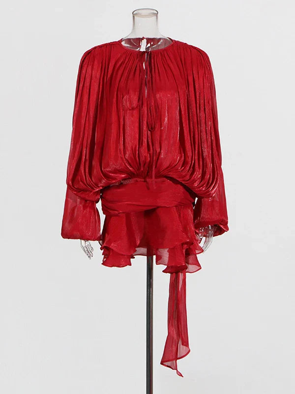 Ruched Mini Dress with Ruffle Detail, Shiny Chiffon Fabric - Lucille