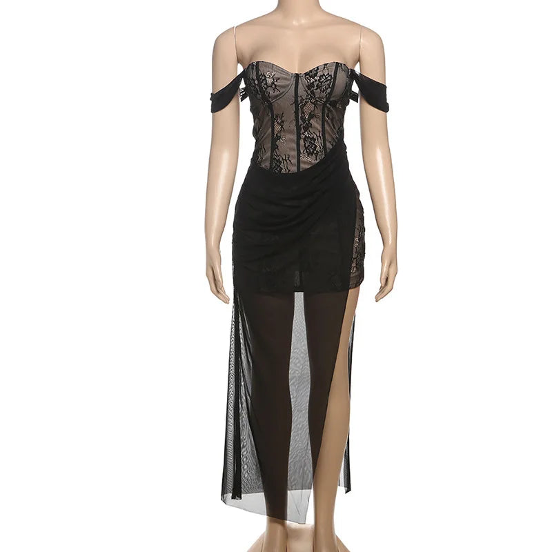 Maxi Lace Dress with Chiffon Detail and Off-Shoulder - Elouise