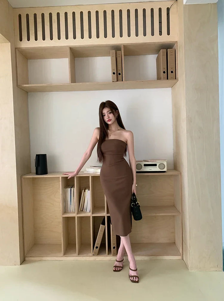 Elegant Strapless Midi Dress with Slit Decoration - Coral