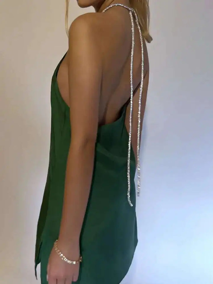 Satin mini dress with sparkling sequin threads tied at neck - Colin