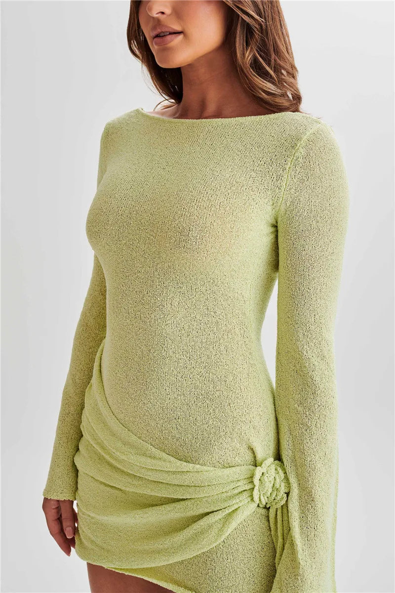 Knitted mini dress with flower and train design and open back - Malia