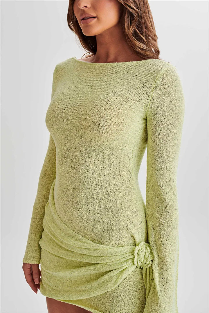 Knitted mini dress with flower and train design and open back - Malia