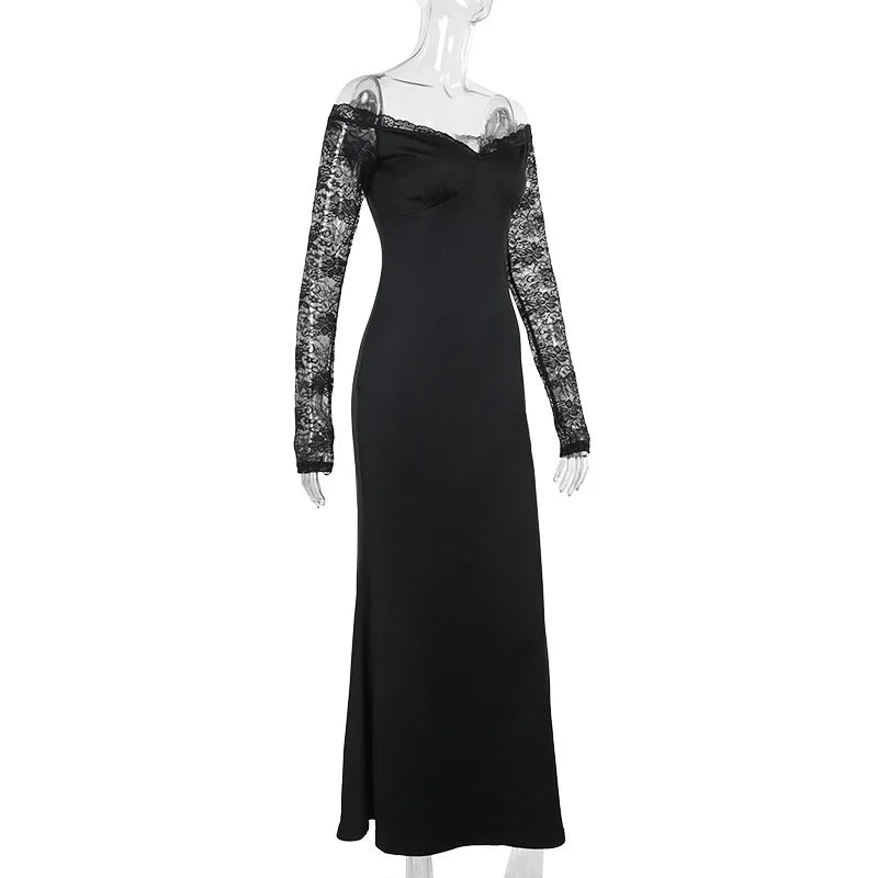 Maxi Dress with Lace Sleeve Detail and Off-Shoulder Design - Barbara