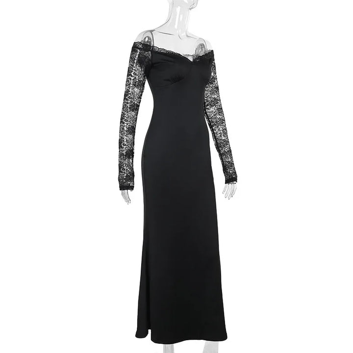 Maxi Dress with Lace Sleeve Detail and Off-Shoulder Design - Barbara