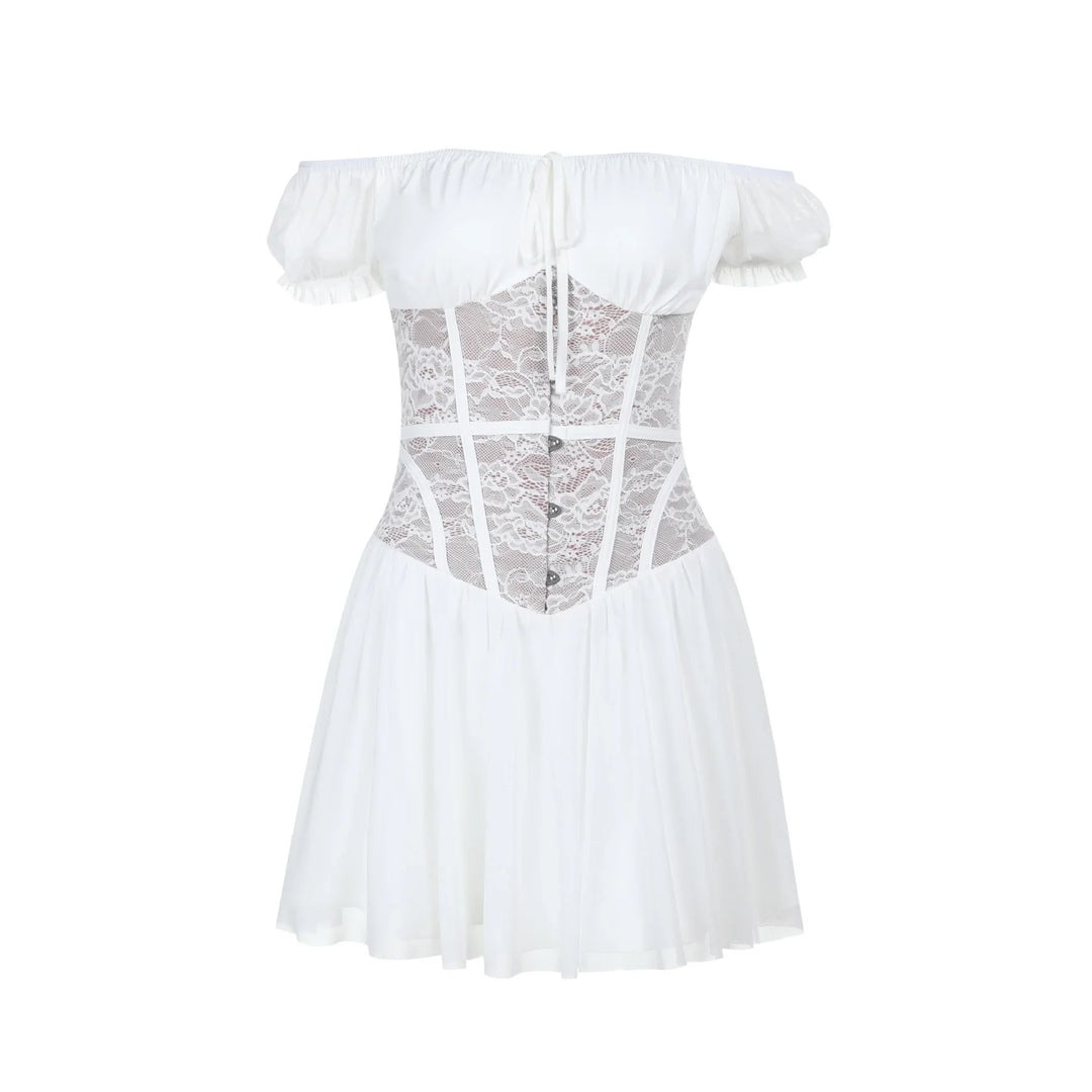Balloon mini dress with off-shoulder lace trim - Fudge