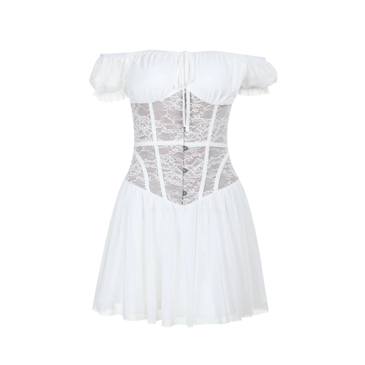 Balloon mini dress with off-shoulder lace trim - Fudge