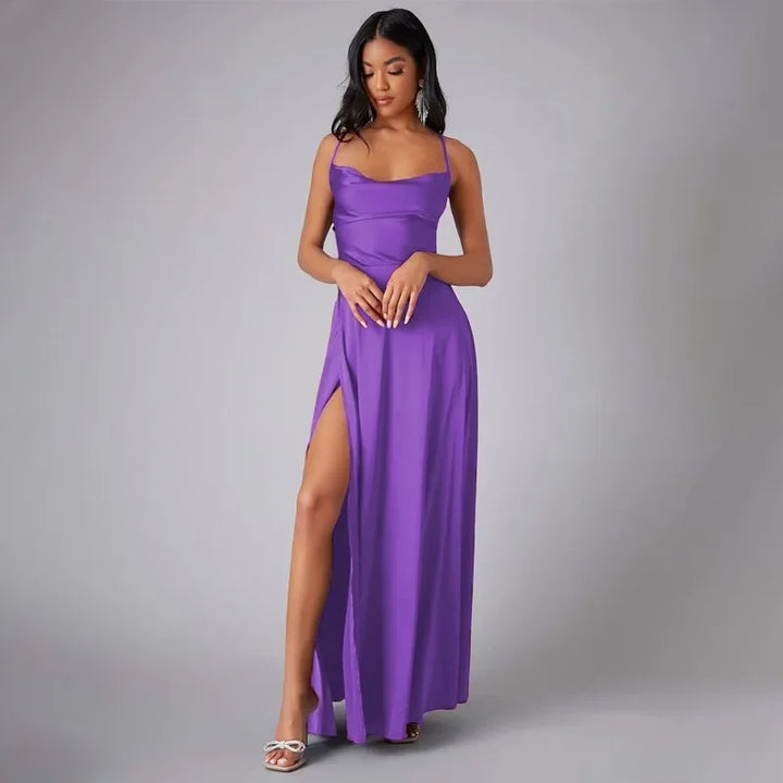 Maxi Satin Dress with Slit Detail and Back Tie - Leona