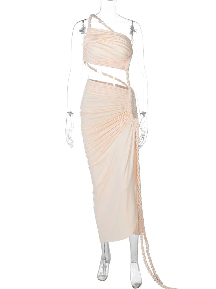 Maxi One-Shoulder Dress with Cutout and Slit, Braided Detail - Panama
