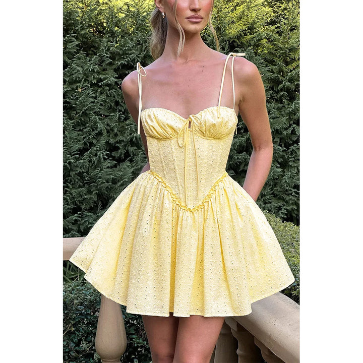 A-Line Mini Dress with Embroidery and Tie Straps - GAYA