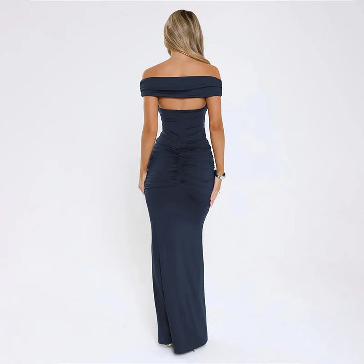 Maxi Dress with Ruching, Off-Shoulder Design, and Ruching Details - Fabiana