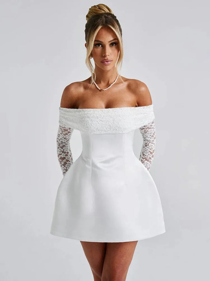 Satin mini dress with off-shoulder and lace sleeves - AMALIA