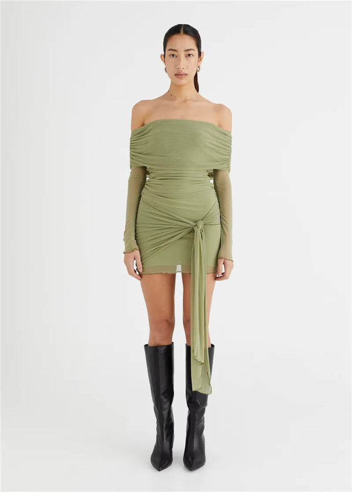 Chiffon mini dress with off-shoulder tie design - CAMI