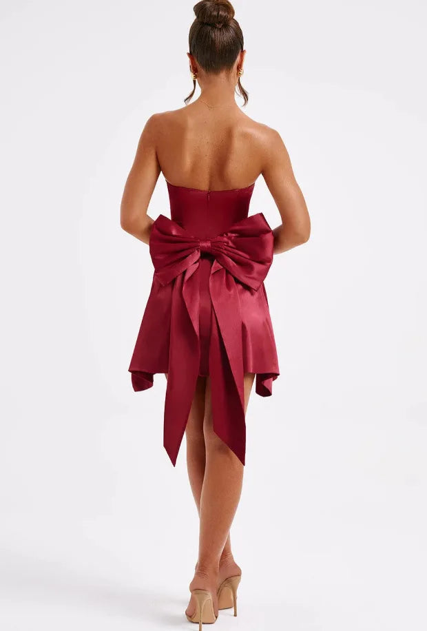 Strapless Satin Mini Dress with A-Line and Asymmetric Bow Detail - Roselyn