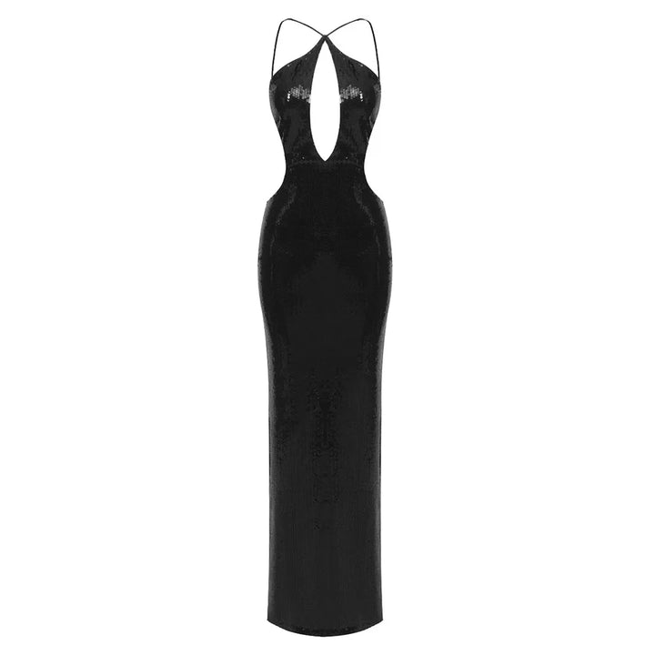 Sequin Maxi Dress with Cross Design and Open Back - Blake
