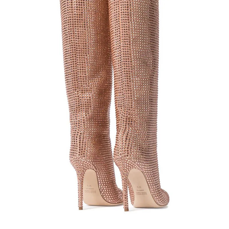 High Pointed Heel Boots with Sparkling Rhinestone Design - Josie