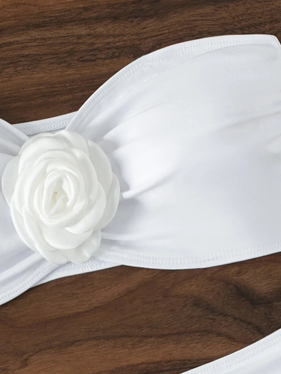Strapless Bikini Top with Flower Decoration and High-Waist Shaping Bottom - Vanilla