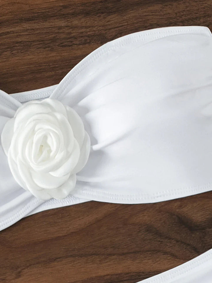 Strapless Bikini Top with Flower Decoration and High-Waist Shaping Bottom - Vanilla