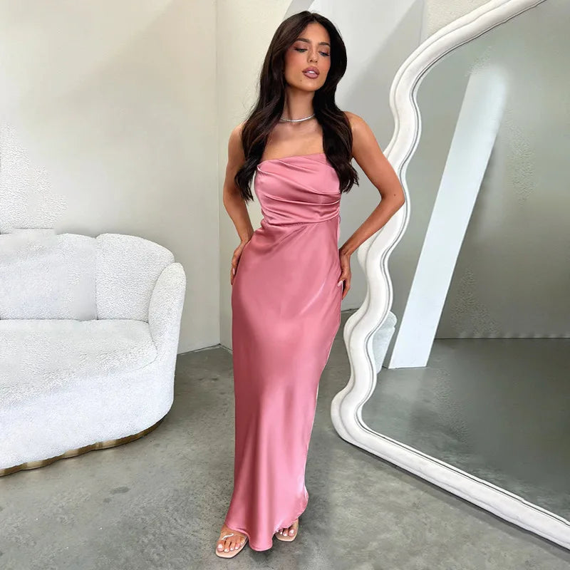Maxi Strapless Satin Dress with Pleated Design - Rosa
