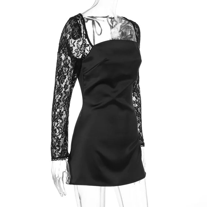 Satin Mini Dress with Lace Sleeves - Far