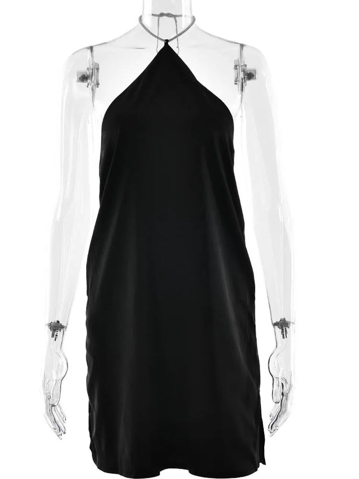 Satin mini dress with sparkling sequin threads tied at neck - Colin