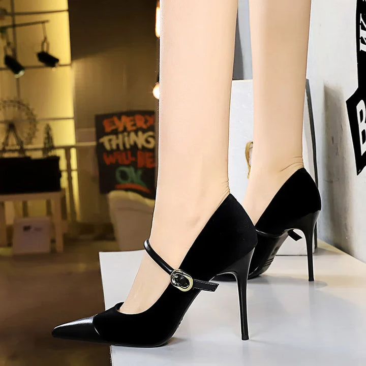 Pointed Heel Shoes with Velvet and Faux Leather Buckle Decoration - Mabel