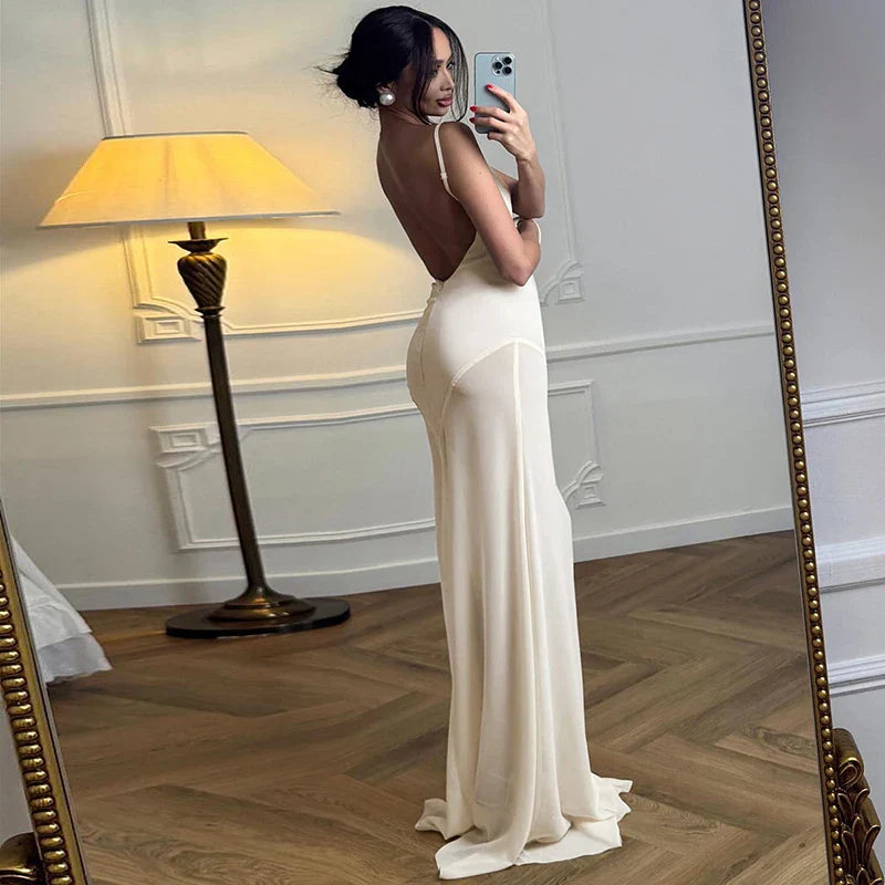Maxi Satin Dress with Chiffon Detail and Open Back - Gracie