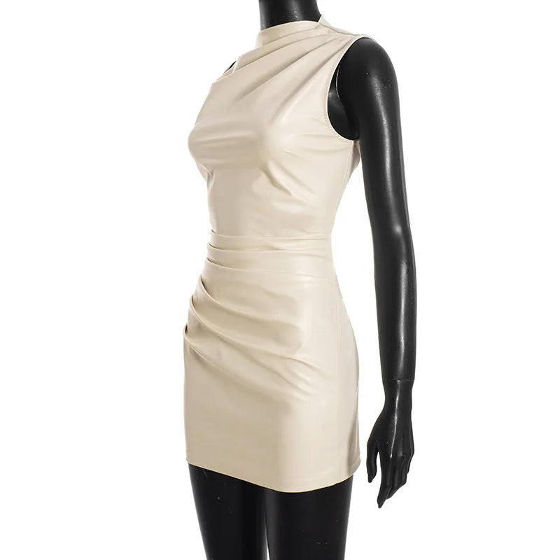 Mini Faux Leather Dress with Pleats Design - SIERA