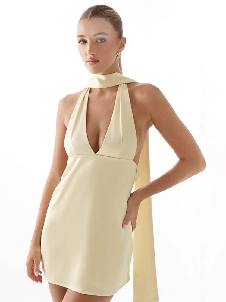 Satin mini dress with V neckline decorated with matching scarf - Karina